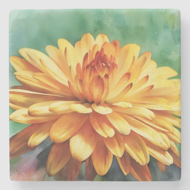 Golden Orange Mum Flower Fall Autumn Art Marble Stone Coaster (Front)