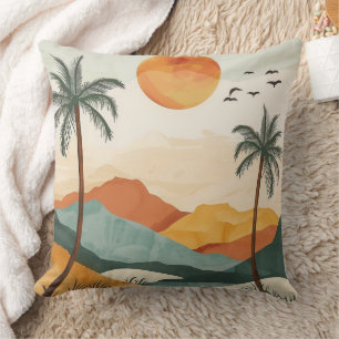Golden Orange Retro Tropical Mountain Sunset Throw Pillow