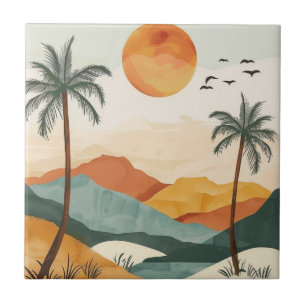 Golden Orange Retro Tropical Mountain Sunset Tile