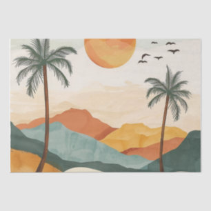 Golden Orange Retro Tropical Mountain Sunset Tissue Paper