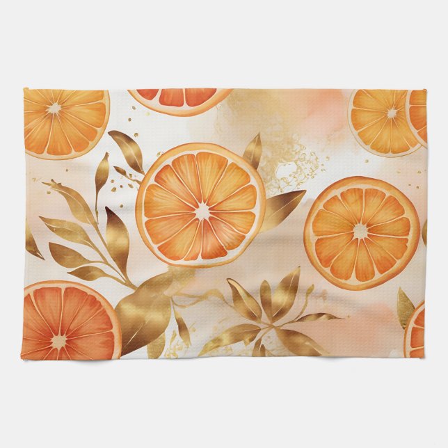 Golden Orange Slice Pattern Kitchen Towel (Horizontal)