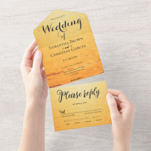 Golden orange summer sea waves wedding all in one invitation