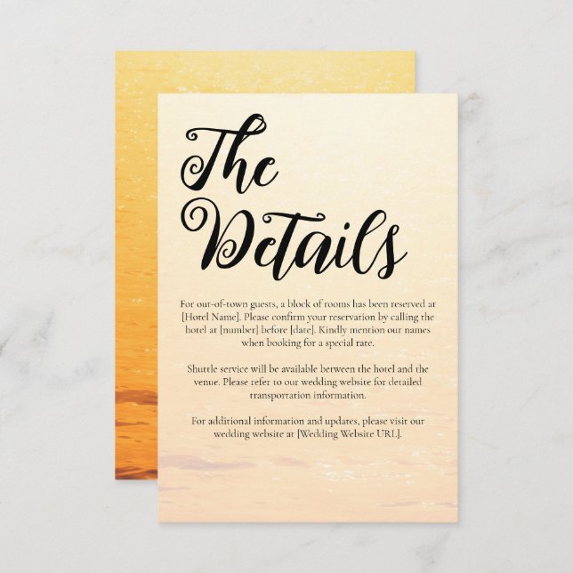 Golden orange summer sea waves wedding enclosure card (Front/Back)