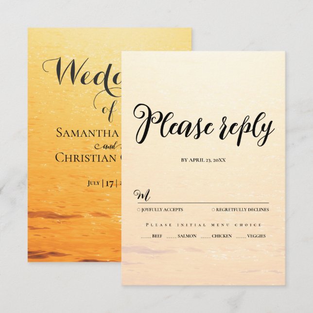 Golden orange summer sea waves wedding RSVP card (Front/Back)