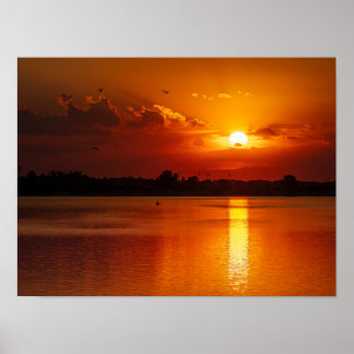 Golden Orange Sunset over a Calm Lake Poster