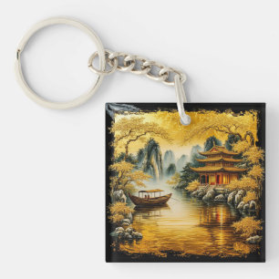 Golden Oriental Lake with a Pagoda Keychain