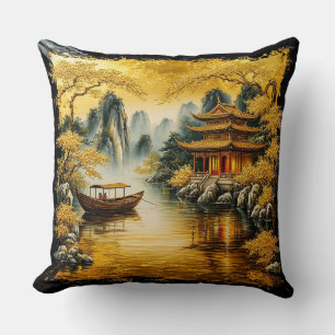 Golden Oriental Lake with a Pagoda Throw Pillow