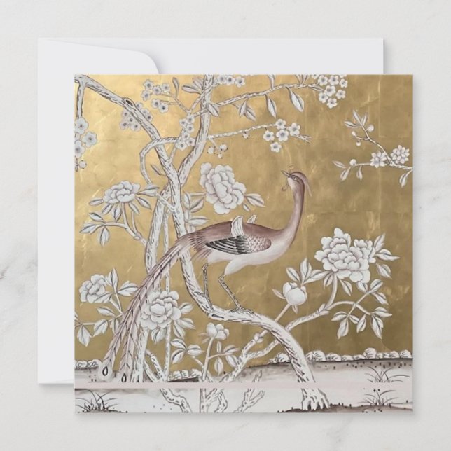 Golden Oriental Tea Garden with Subtle Peacock Invitation (Front)