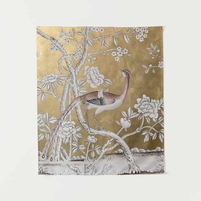 Golden Oriental Tea Garden with Subtle Peacock Tapestry (Front)
