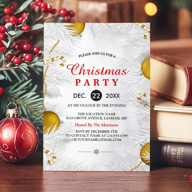 Golden Ornament Silver White Christmas Party Invitation (Creator Uploaded)