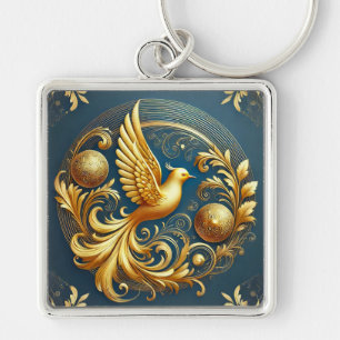 Golden Ornament with Bird Motif Keychain