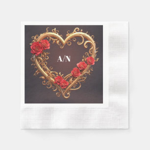 Golden Ornamental Heart Wreath With Red Flowers Napkin