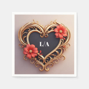 Golden Ornamental Heart Wreath With Red Flowers Napkin
