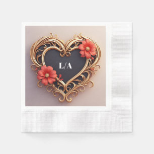 Golden Ornamental Heart Wreath With Red Flowers Napkin