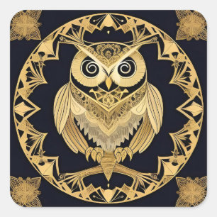 Golden Ornamental Owl 🖼️ Luxury Decorative Bird  Square Sticker