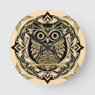 Golden Ornamental Owl with Decorative Design Round Clock