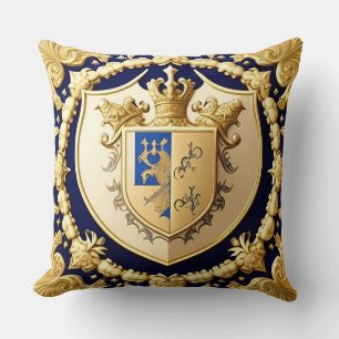Golden Ornamental Shield Crest with Floral Accents Throw Pillow