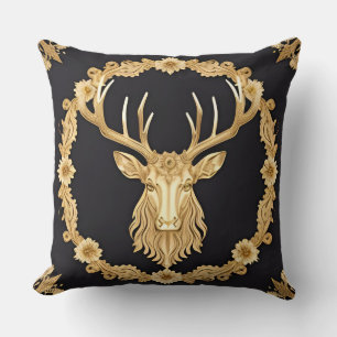 Golden Ornamental Stag Design Throw Pillow