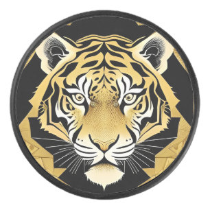 Golden Ornamental Tiger Artwork Hockey Puck