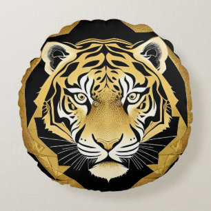 Golden Ornamental Tiger Artwork Round Pillow