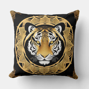 Golden Ornamental Tiger Artwork Throw Pillow