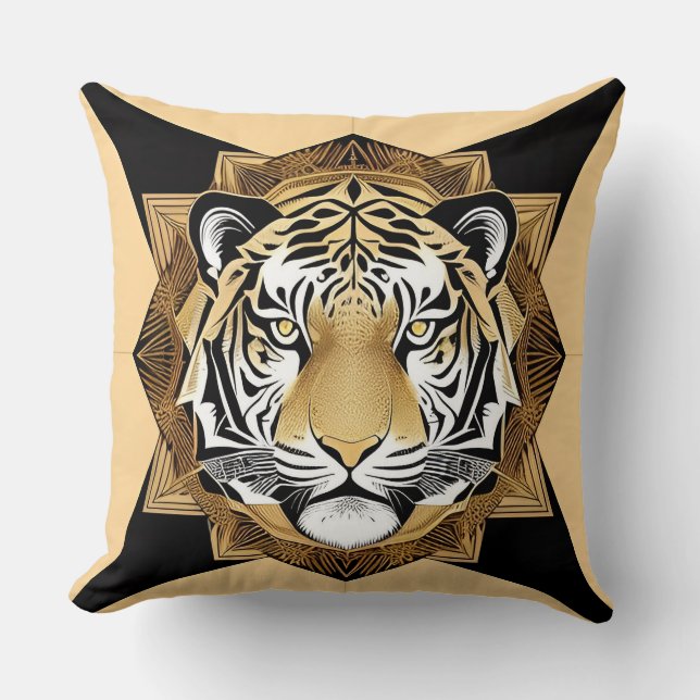 Golden Ornamental Tiger Artwork Throw Pillow (Front)