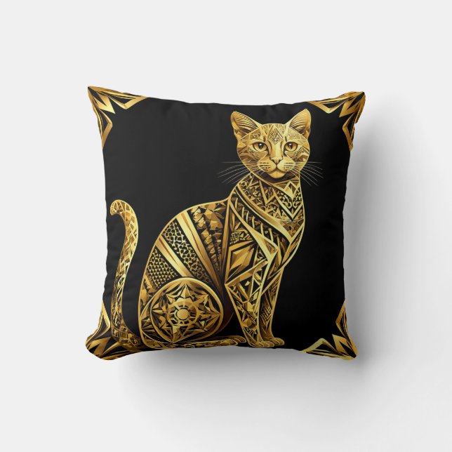 Golden Ornate Cat Illustration Throw Pillow (Front)