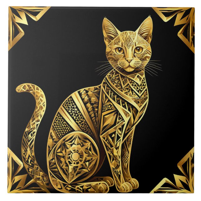 Golden Ornate Cat Illustration Tile (Front)