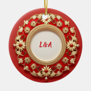 Golden Ornate Floral Circle Design Ceramic Ornament