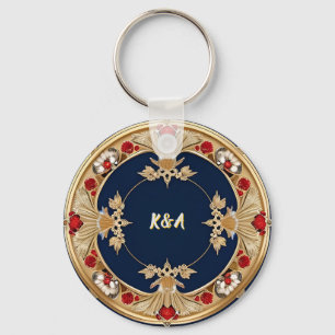 Golden Ornate Floral Circle Design Keychain