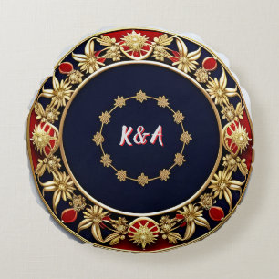 Golden Ornate Floral Circle Design Round Pillow
