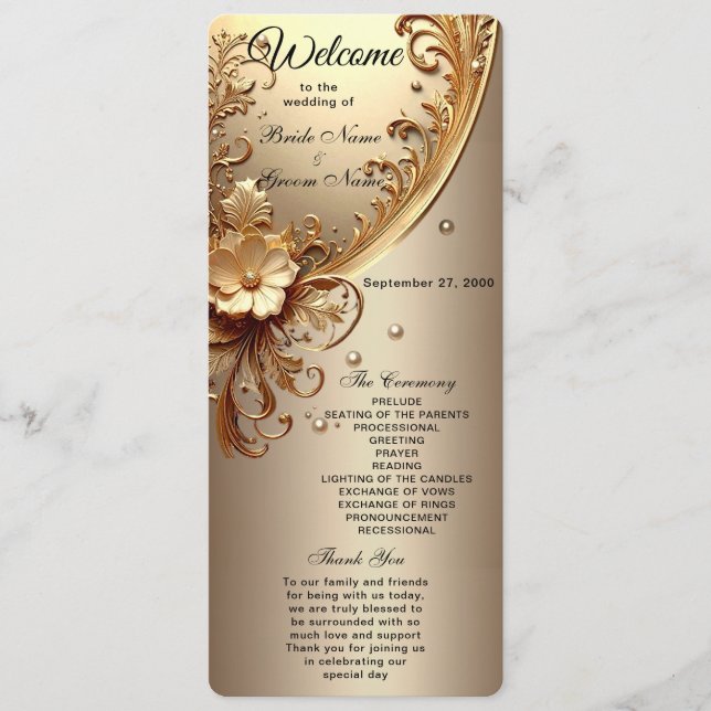 Golden Ornate Floral Wedding  Program (Front)