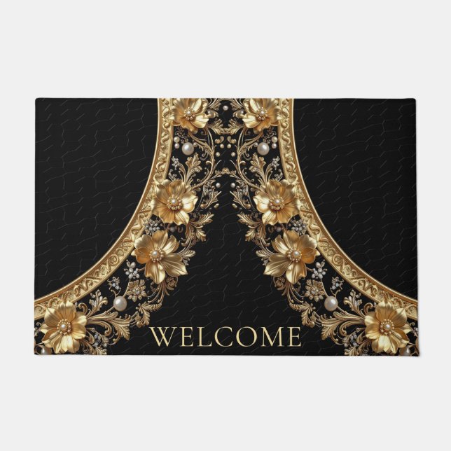 Golden Ornate Flowers Doormat (Front)