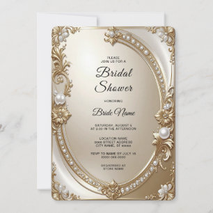 Golden Ornate Frame with Pearls Bridal Shower Invitation