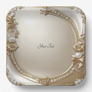 Golden Ornate Frame with Pearls Paper Plate