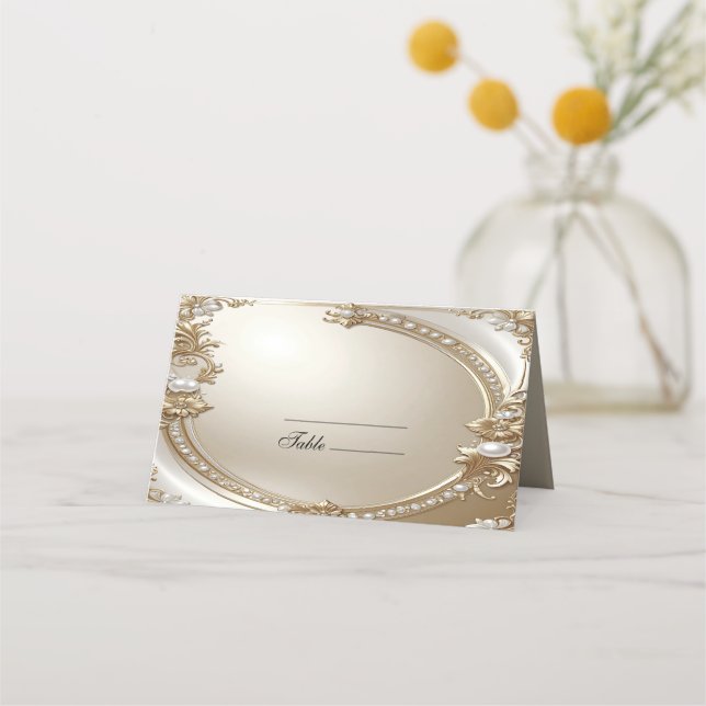 Golden Ornate Frame with Pearls Place Card (Front)