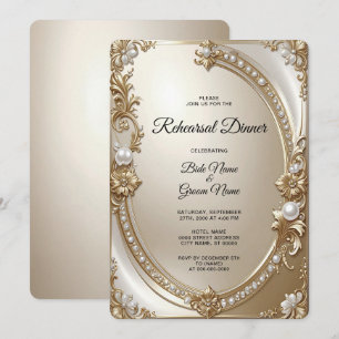 Golden Ornate Frame with Pearls Rehearsal Dinner Invitation