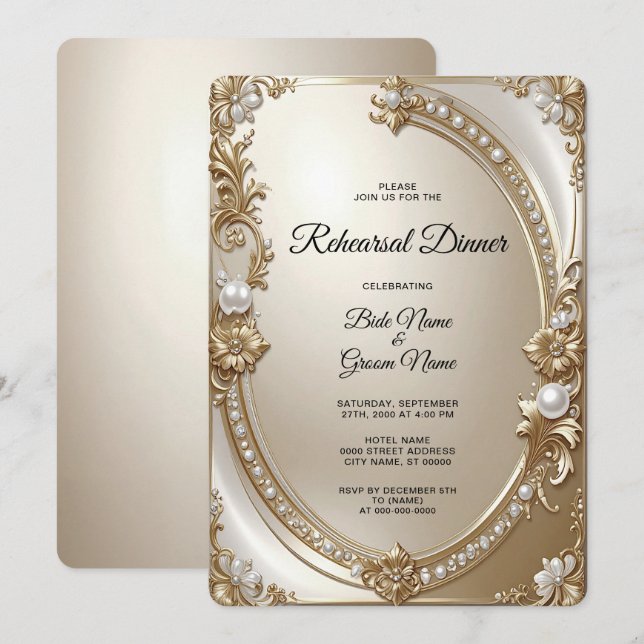 Golden Ornate Frame with Pearls Rehearsal Dinner Invitation (Front/Back)