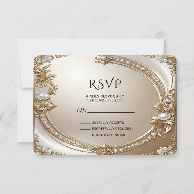 Golden Ornate Frame with Pearls RSVP Card (Front)