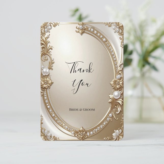 Golden Ornate Frame with Pearls Thank You Card (Standing Front)
