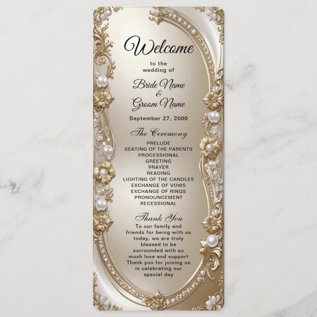 Golden Ornate Frame with Pearls Wedding Program (Front)
