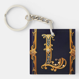 Golden Ornate Letter 'L' on Elegant Purple Velvet Keychain