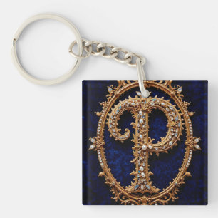 Golden Ornate Letter 'P' on Elegant Velvet Keychain