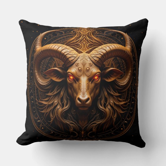 Golden Ornate Ram Head Throw Pillow (Front)