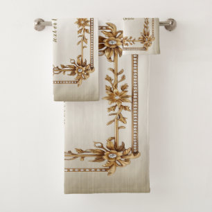 Golden Ornate Rectangle Dimond Flowers Shiny Bath Towel Set