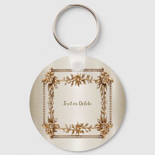Golden Ornate Rectangle Dimond Flowers Shiny Keychain (Front)