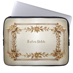 Golden Ornate Rectangle Dimond Flowers Shiny Laptop Sleeve