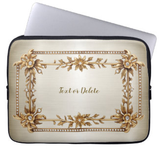 Golden Ornate Rectangle Dimond Flowers Shiny Laptop Sleeve