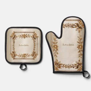 Golden Ornate Rectangle Dimond Flowers Shiny Oven Mitt & Pot Holder Set