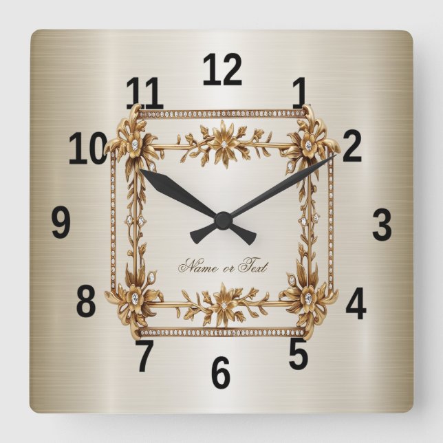 Golden Ornate Rectangle Dimond Flowers Shiny Square Wall Clock (Front)